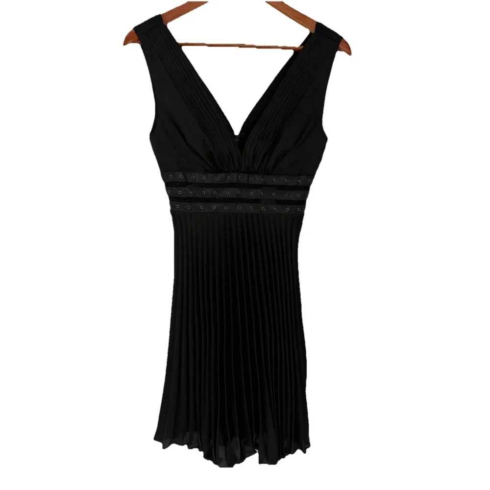grunge cocktail dress Womens Satin Faux Leather Trim Cocktail Dress, Black / Regular 0 (XS)
